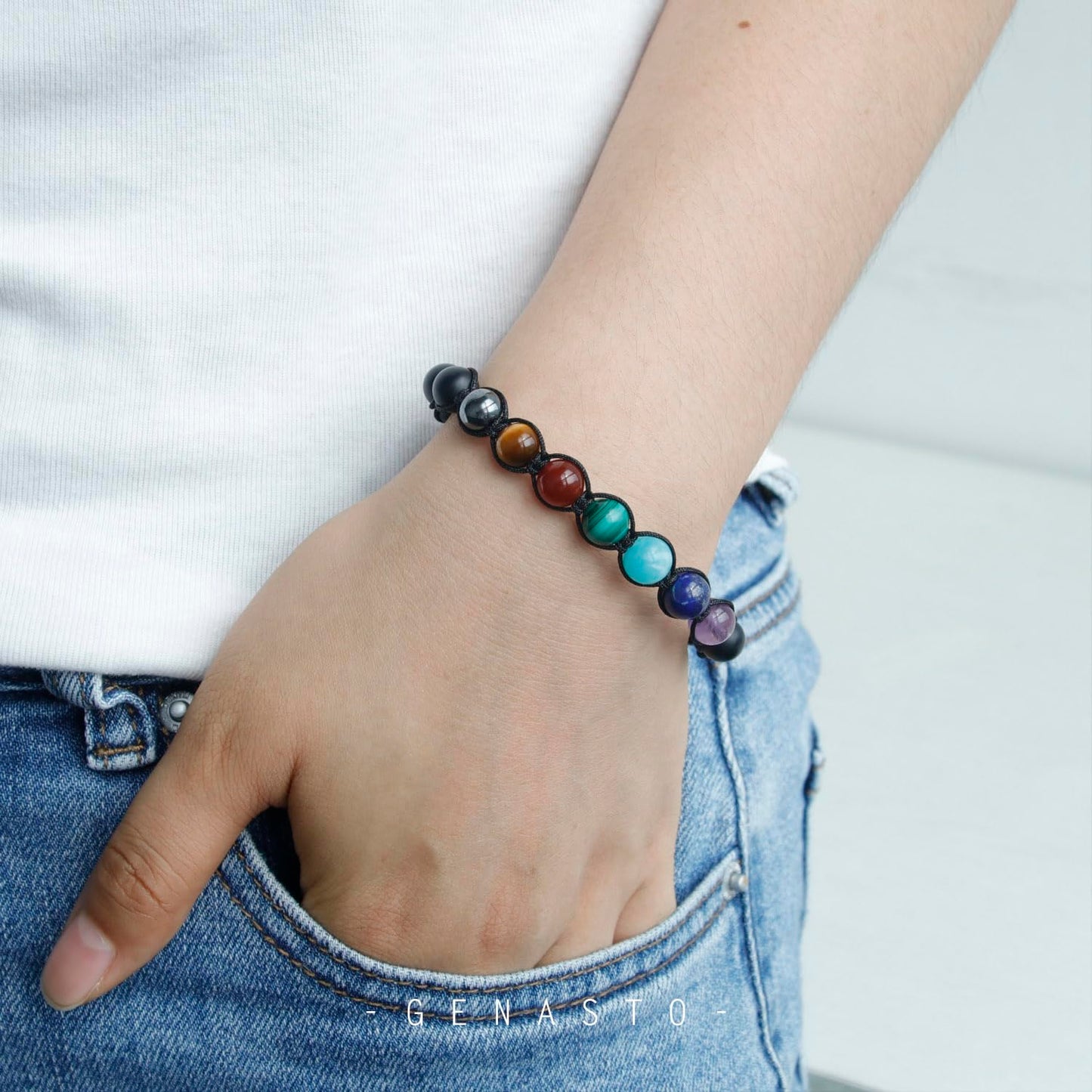 7 Chakra Bracelet with Real Stones,8mm