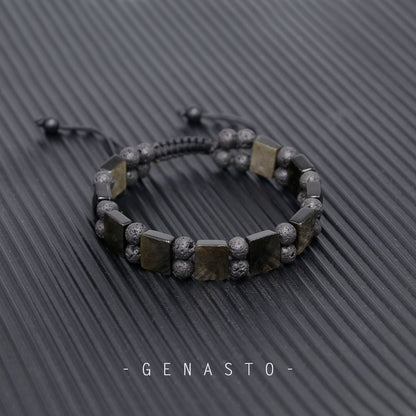 Golden Obsidian & Lava Rock, Square Flat Beads Bracelet