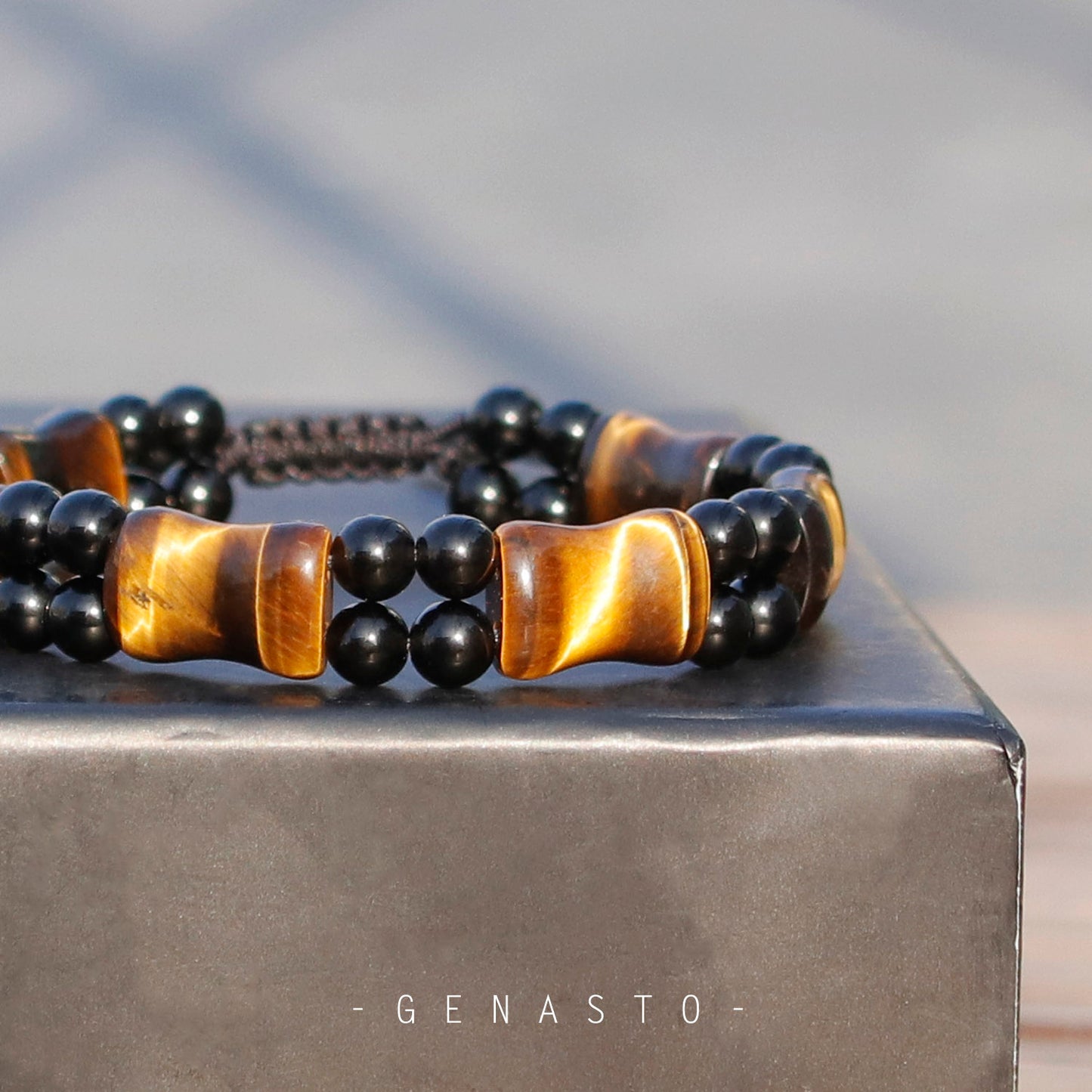 Tiger Eye & Black Obsidian, Square Flat Beads Bracelet