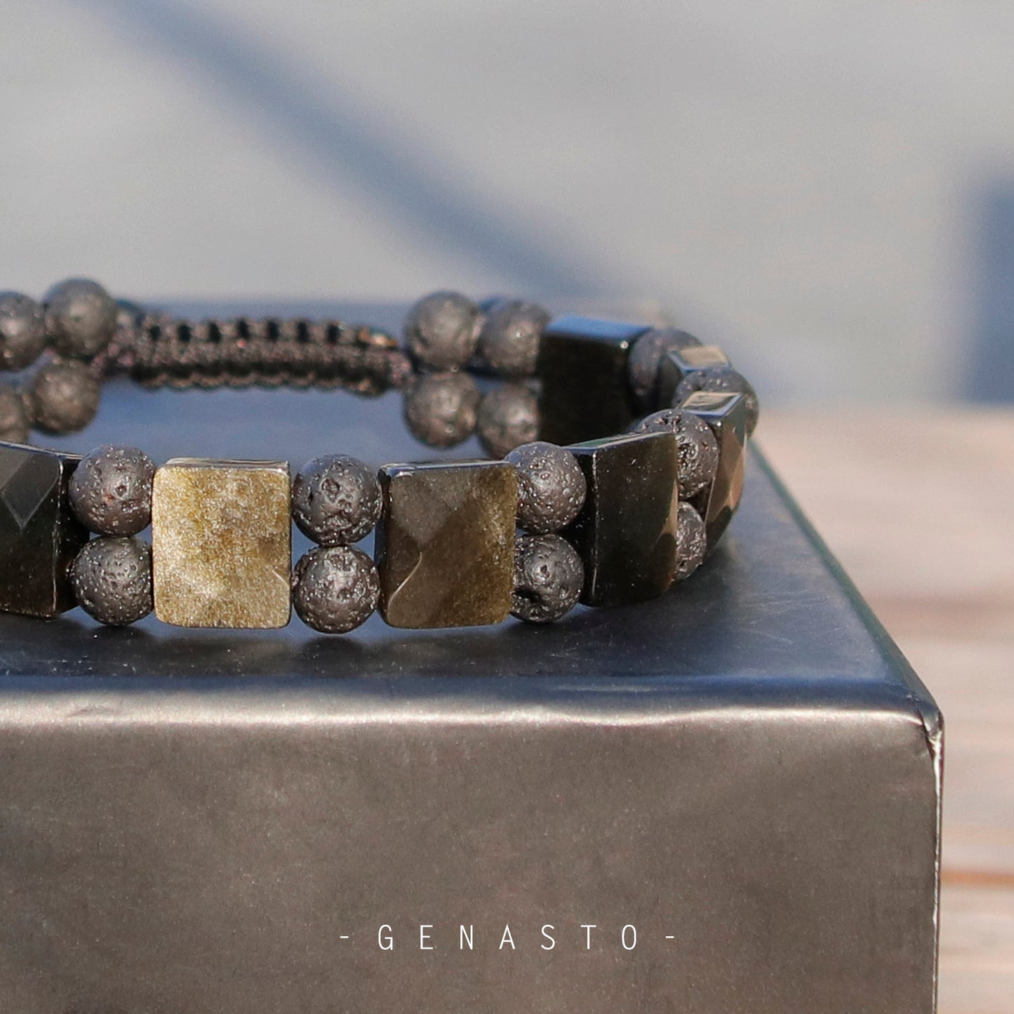 Golden Obsidian & Lava Rock, Square Flat Beads Bracelet