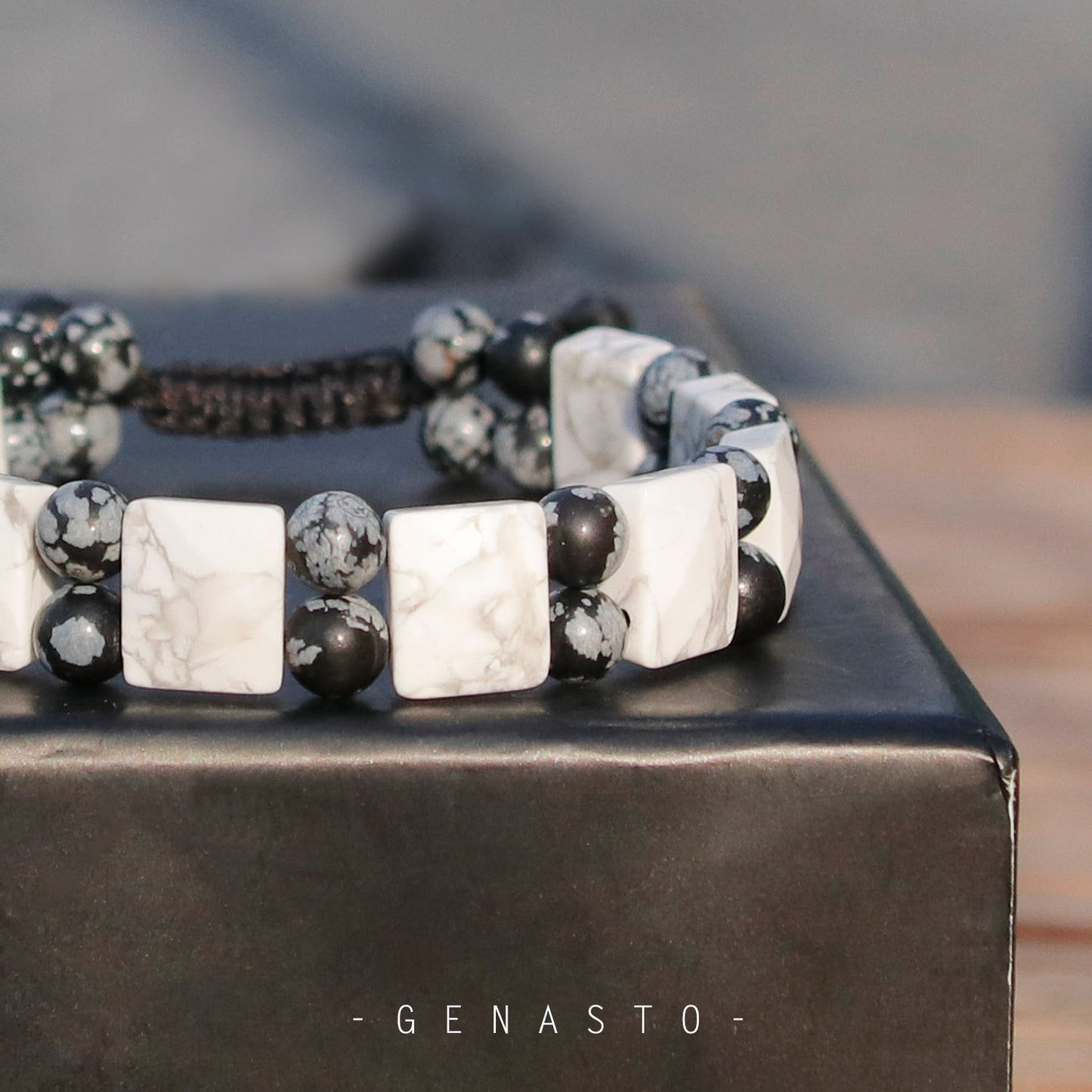 Howlite & Snowflake Obsidian, Square Flat Beads Bracelet