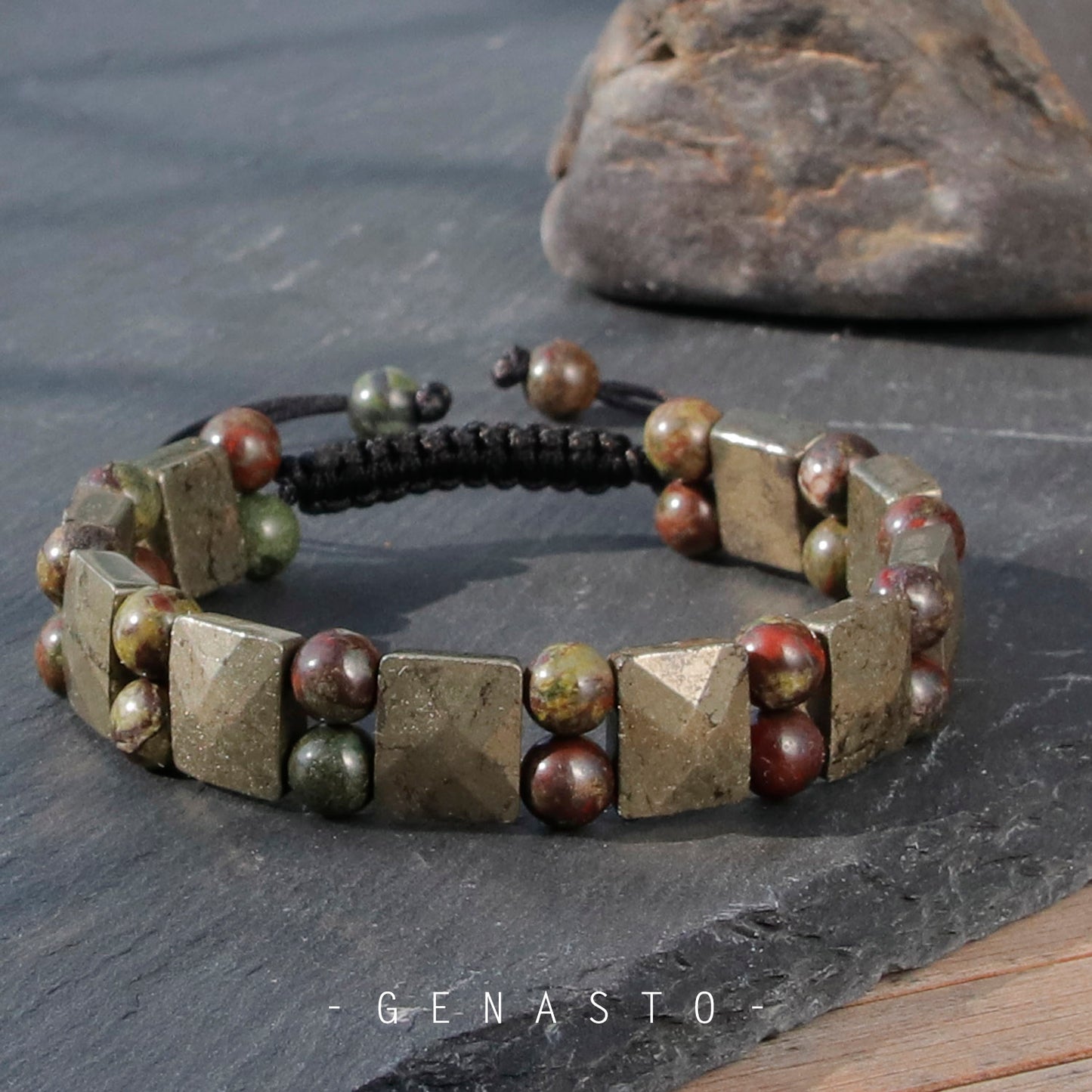 Pyrite & Dragon Blood Stone, Square Flat Beads Bracelet