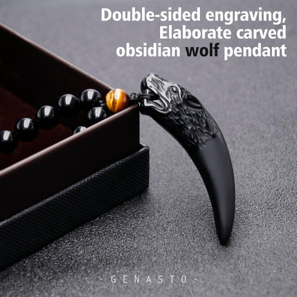 Obsidian Beaded Pendant,Wolf Tooth