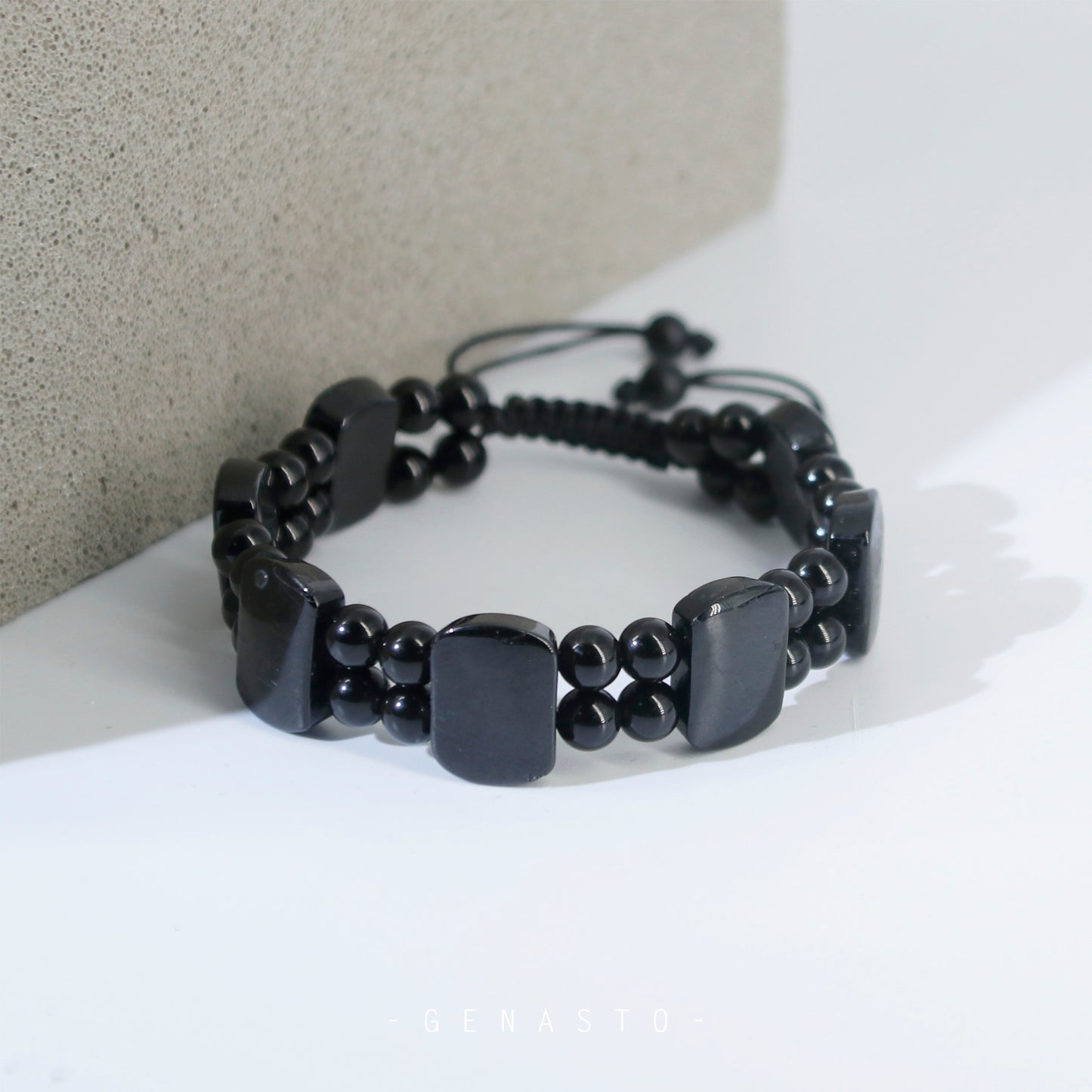 Black Tourmaline & Black Obsidian Square Flat Beads Bracelet