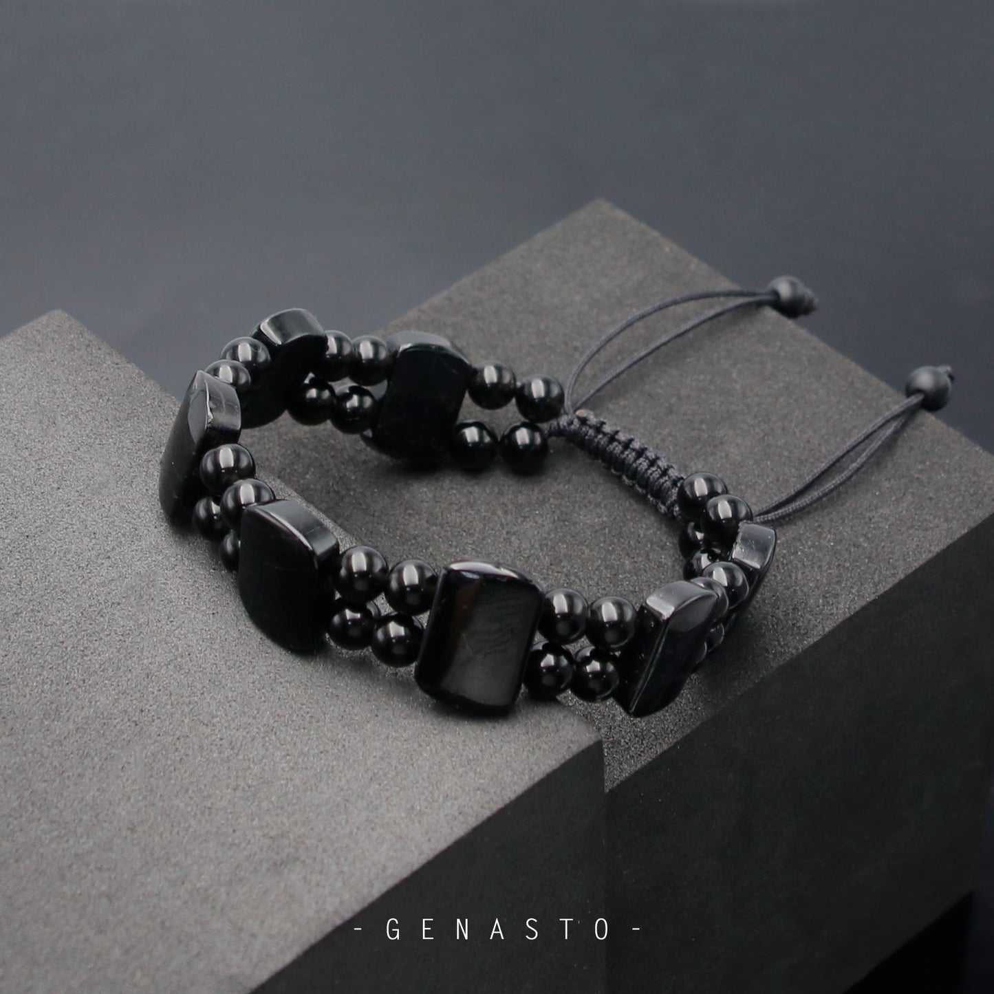 Black Tourmaline & Black Obsidian Square Flat Beads Bracelet