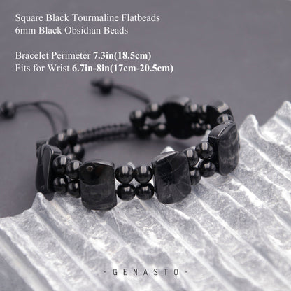 Black Tourmaline & Black Obsidian Square Flat Beads Bracelet