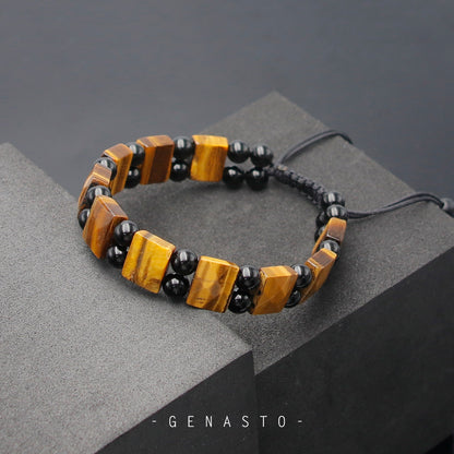 Brown Tiger Eye & Black Obsidian, Square Flat Beads Bracelet