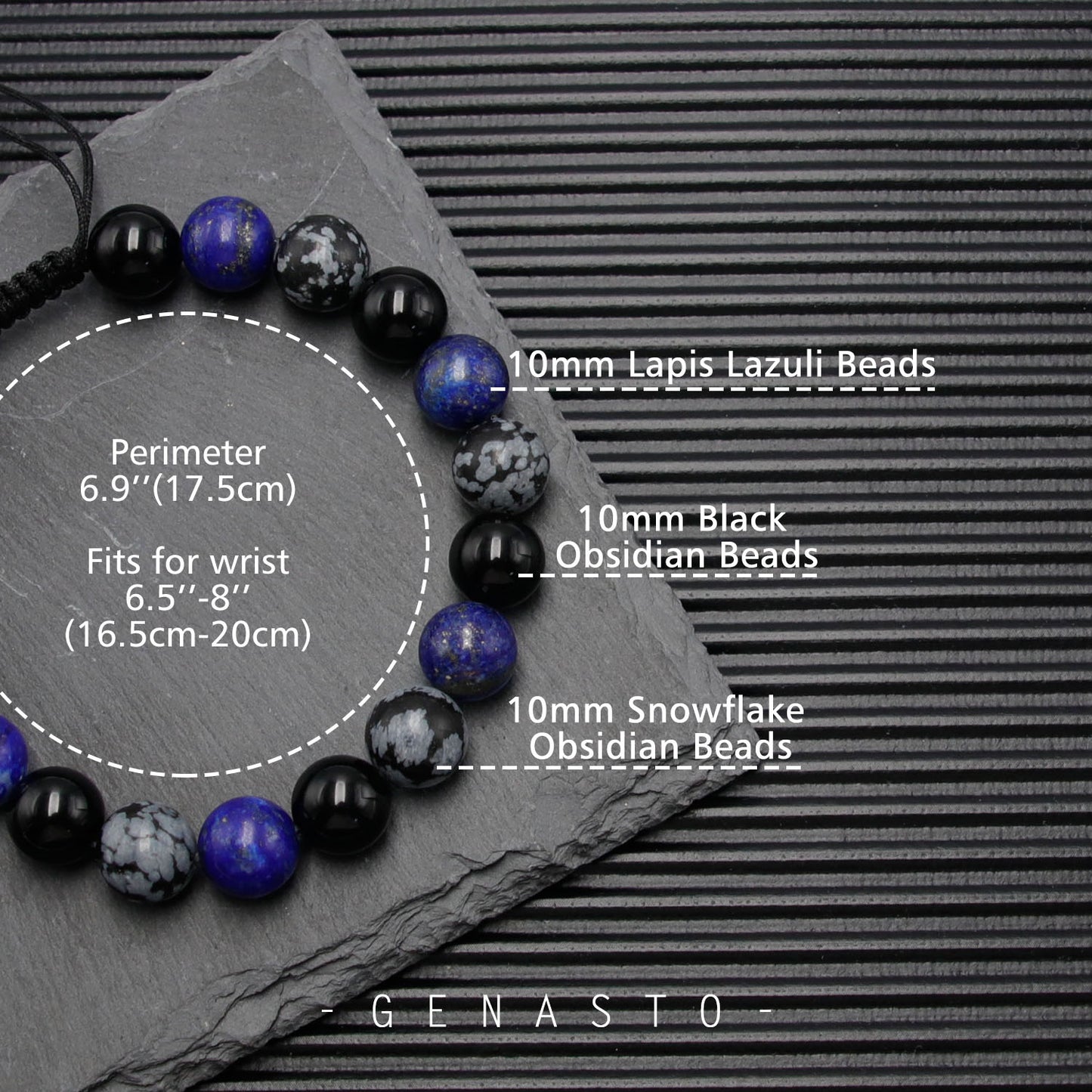 Lapis Lazuli, Snowflake Obsidian & Black Obsidian, Single-layer Bracelet, 10mm