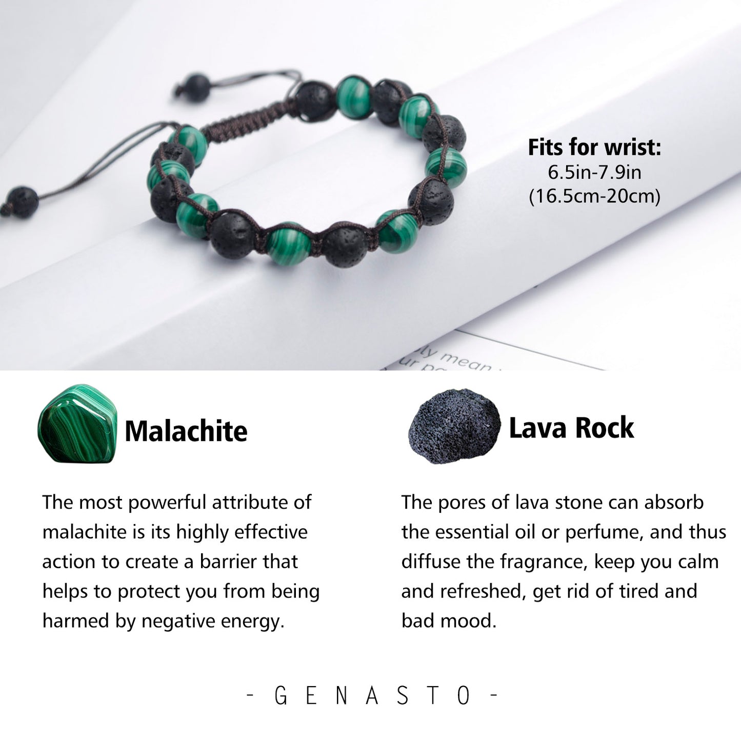 Malachite & Lava Rock Bracelet, 8mm