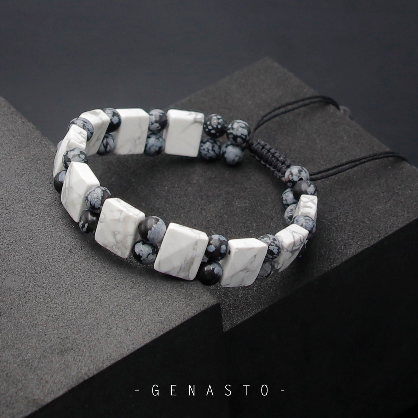 Howlite & Snowflake Obsidian, Square Flat Beads Bracelet