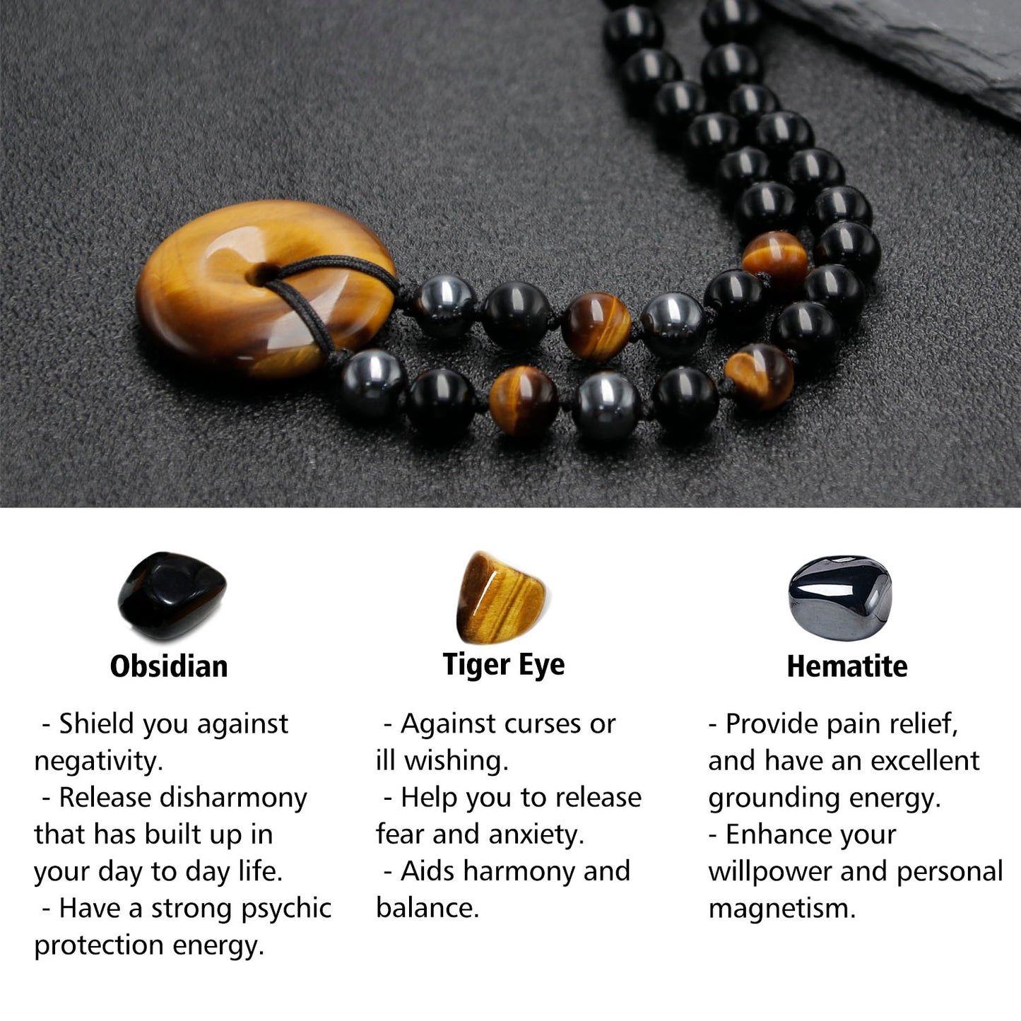 Obsidian Beaded Necklace, Lucky Pendant