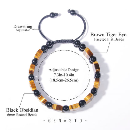 Brown Tiger Eye & Black Obsidian, Square Flat Beads Bracelet