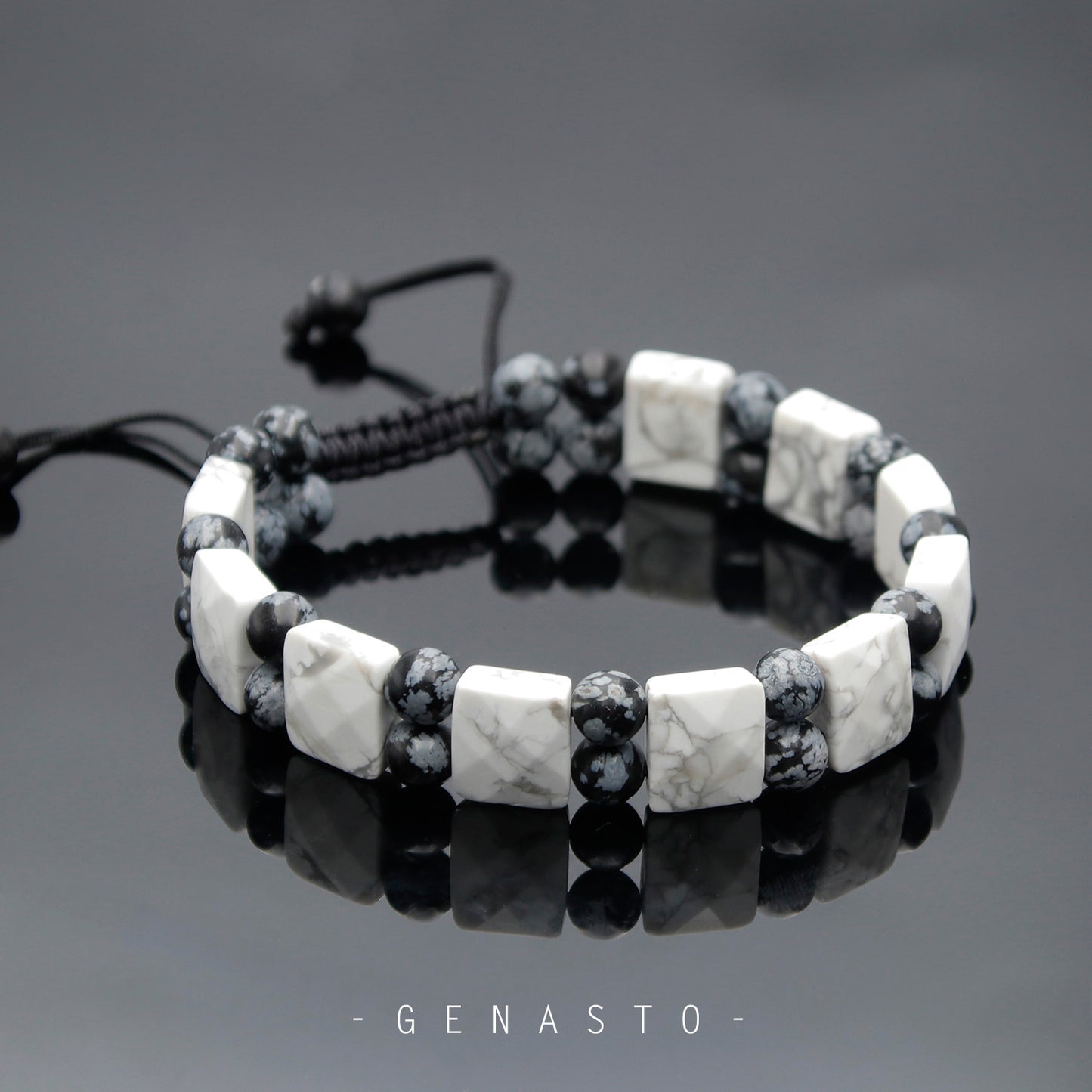 Howlite & Snowflake Obsidian, Square Flat Beads Bracelet