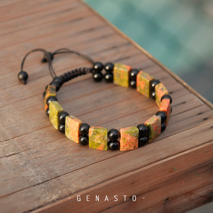 Unakite & Black Obsidian, Square Flat Beads Bracelet