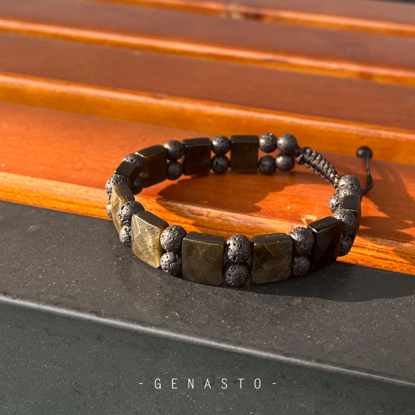 Golden Obsidian & Lava Rock, Square Flat Beads Bracelet