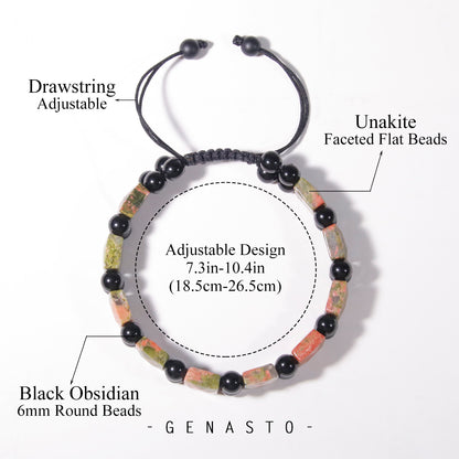 Unakite & Black Obsidian, Square Flat Beads Bracelet