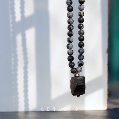 Black Tourmaline & Snowflake Obsidian Necklace