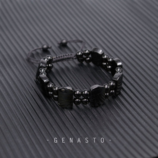 Black Tourmaline & Black Obsidian Square Flat Beads Bracelet