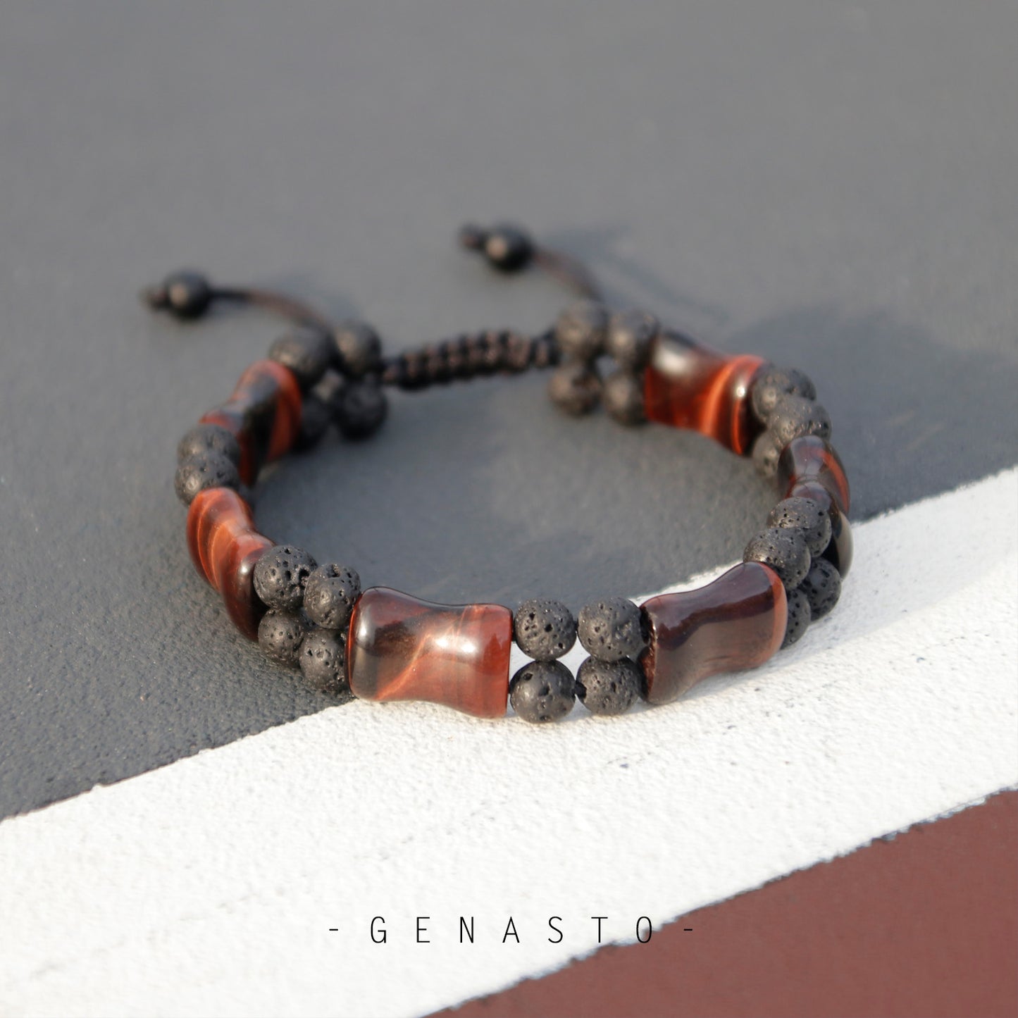 Red Tiger Eye & Lava Rock, Square Flat Beads Bracelet