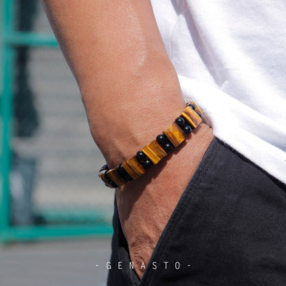 Brown Tiger Eye & Black Obsidian, Square Flat Beads Bracelet