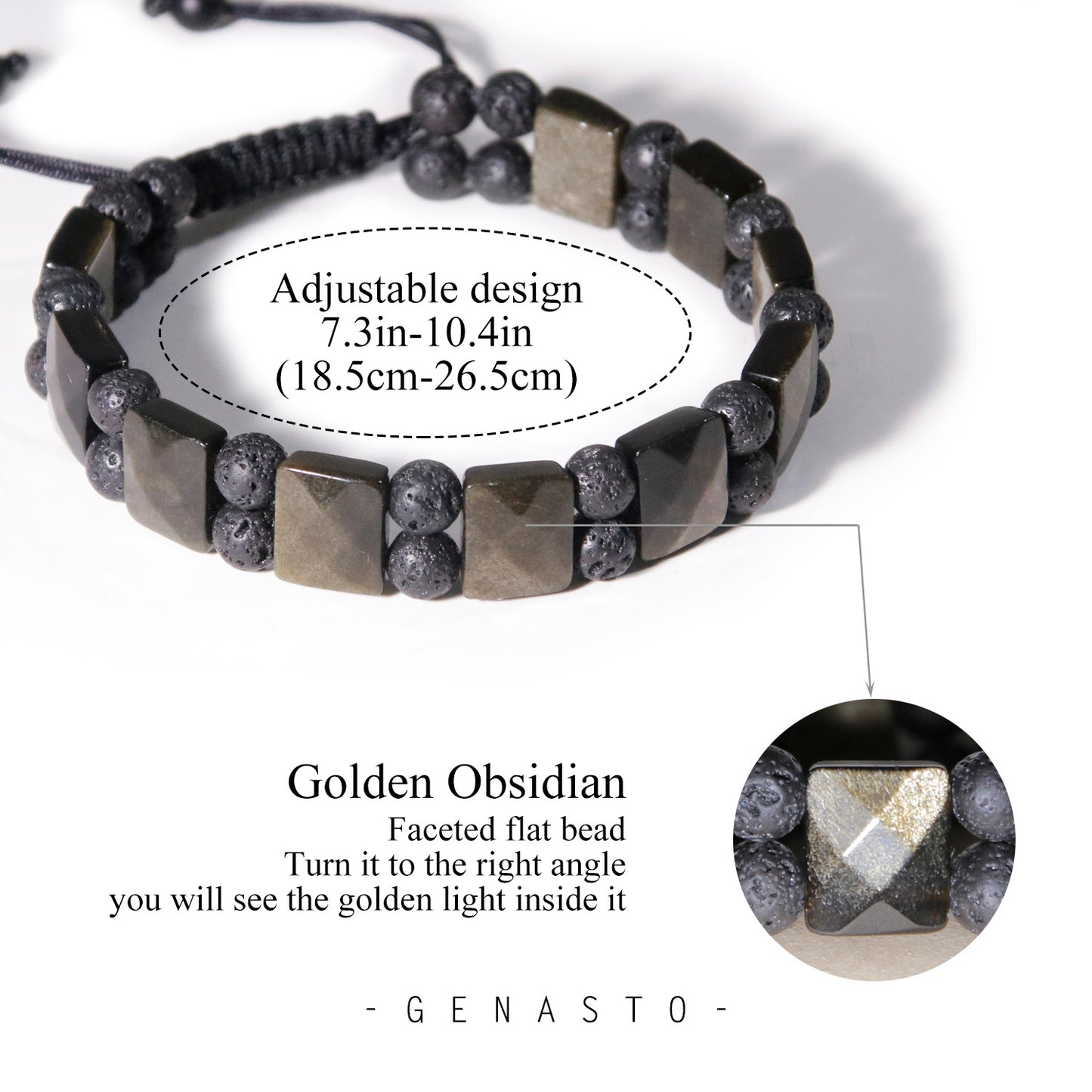 Golden Obsidian & Lava Rock, Square Flat Beads Bracelet