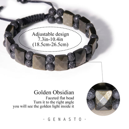 Golden Obsidian & Lava Rock, Square Flat Beads Bracelet