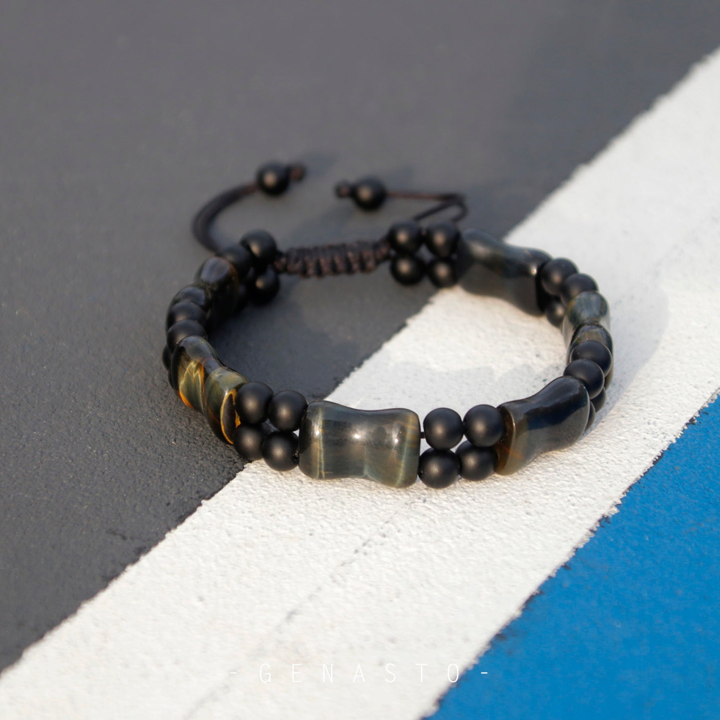 Blue Tiger Eye & Black Onyx, Square Flat Beads Bracelet