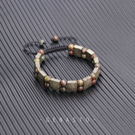 Pyrite & Dragon Blood Stone, Square Flat Beads Bracelet