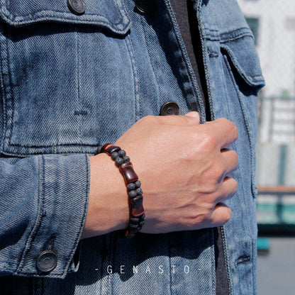 Red Tiger Eye & Lava Rock, Square Flat Beads Bracelet