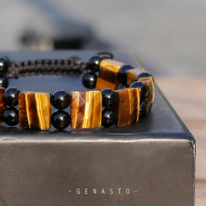 Brown Tiger Eye & Black Obsidian, Square Flat Beads Bracelet