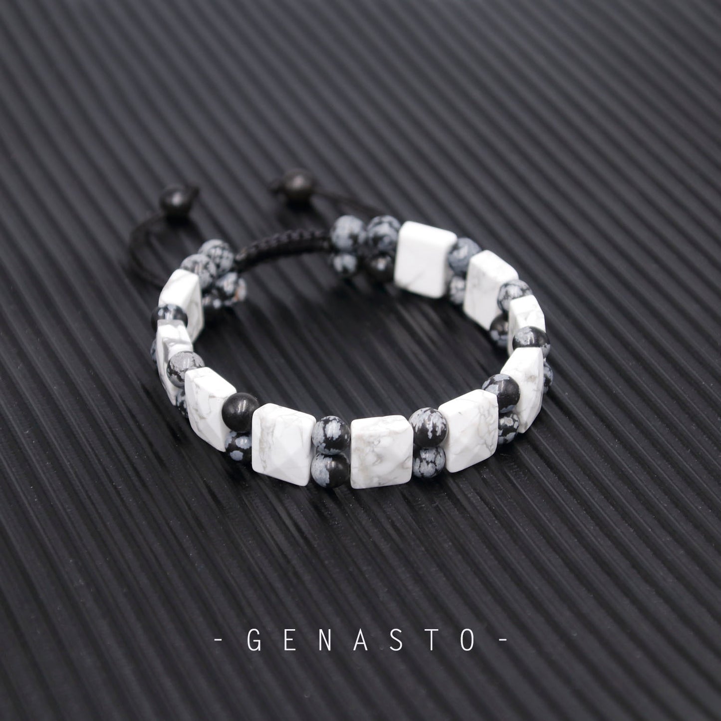 Howlite & Snowflake Obsidian, Square Flat Beads Bracelet