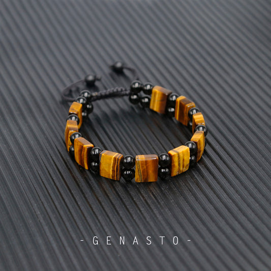 Brown Tiger Eye & Black Obsidian, Square Flat Beads Bracelet