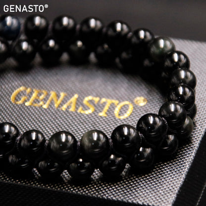 GENASTO Natural Black Obsidian Stone Beads Bracelet for Men Women