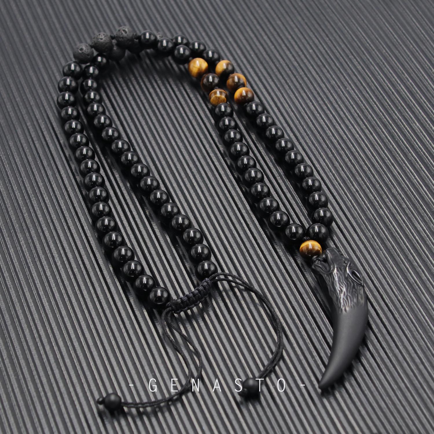 Obsidian Beaded Wolf Tooth Necklace GENASTO