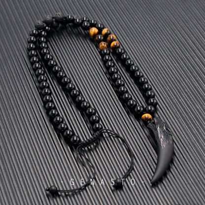 Obsidian Beaded Wolf Tooth Necklace GENASTO
