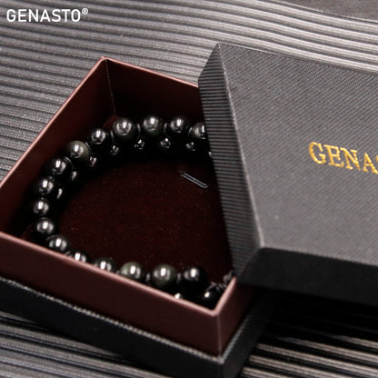 GENASTO Natural Black Obsidian Stone Beads Bracelet for Men Women