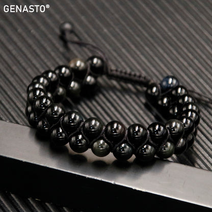 GENASTO Natural Black Obsidian Stone Beads Bracelet for Men Women
