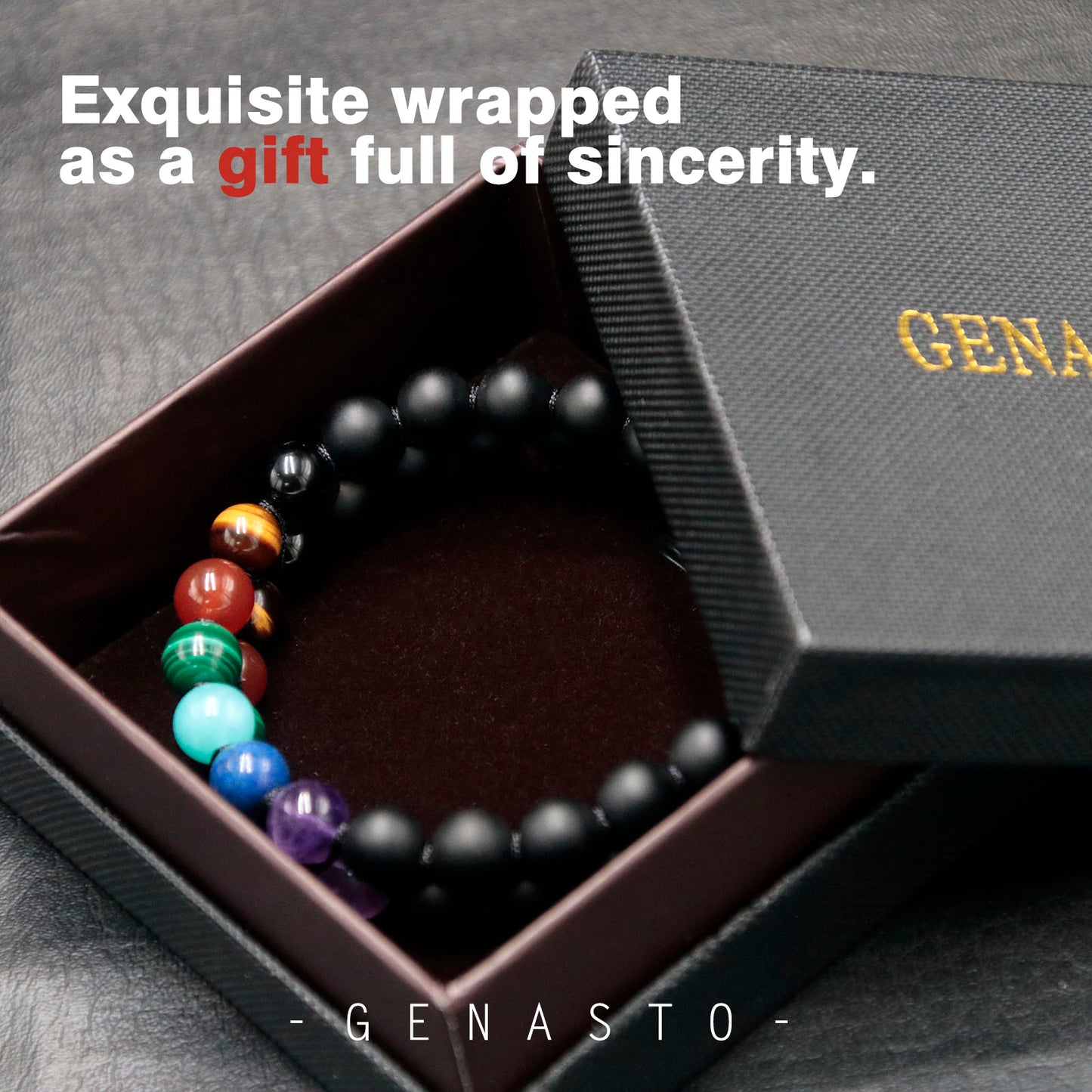 chakras beads bracelet wrapped in a black box as a gift full of sincerity