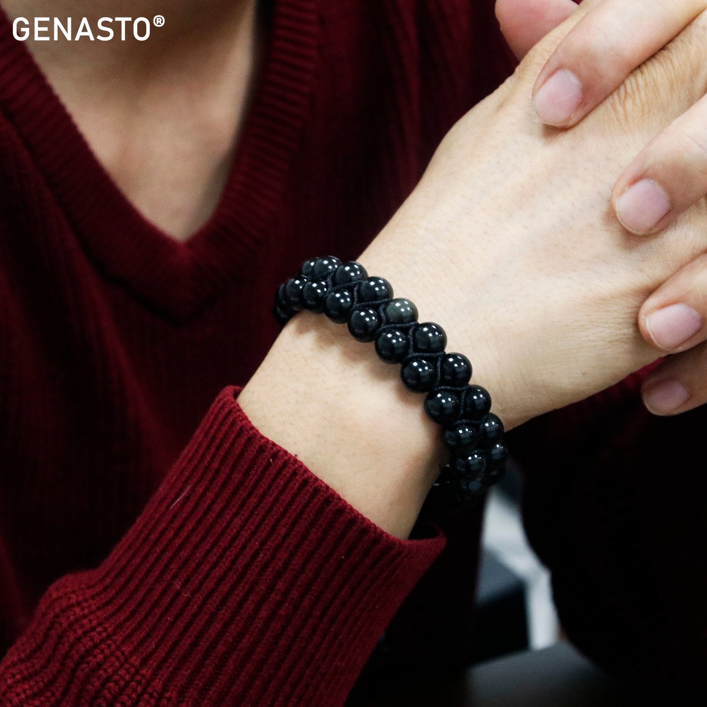 GENASTO Natural Black Obsidian Stone Beads Bracelet for Men Women